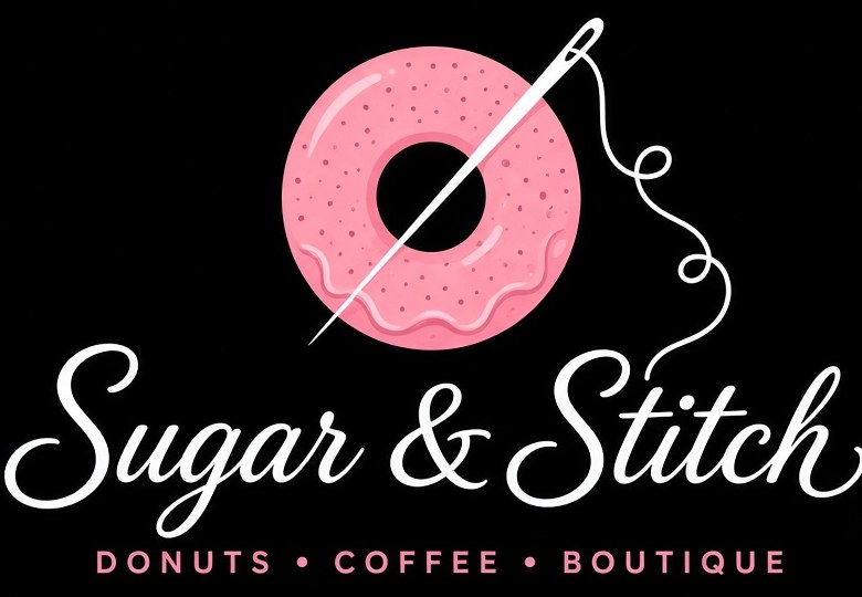 Sugar & Stitch logo: a pink donut threaded with a needle. Donuts, Coffee, Boutique